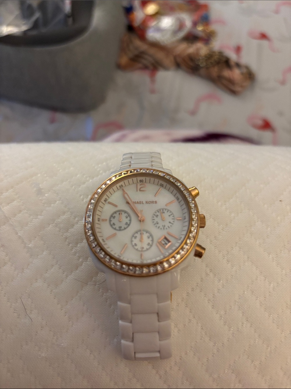 Michael Kors White Ceramic and Gold-Tone Crystal Chronograph Watch